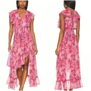 NEW MISA Los Angeles Pink Bo Ruffle Maxi Dress $460